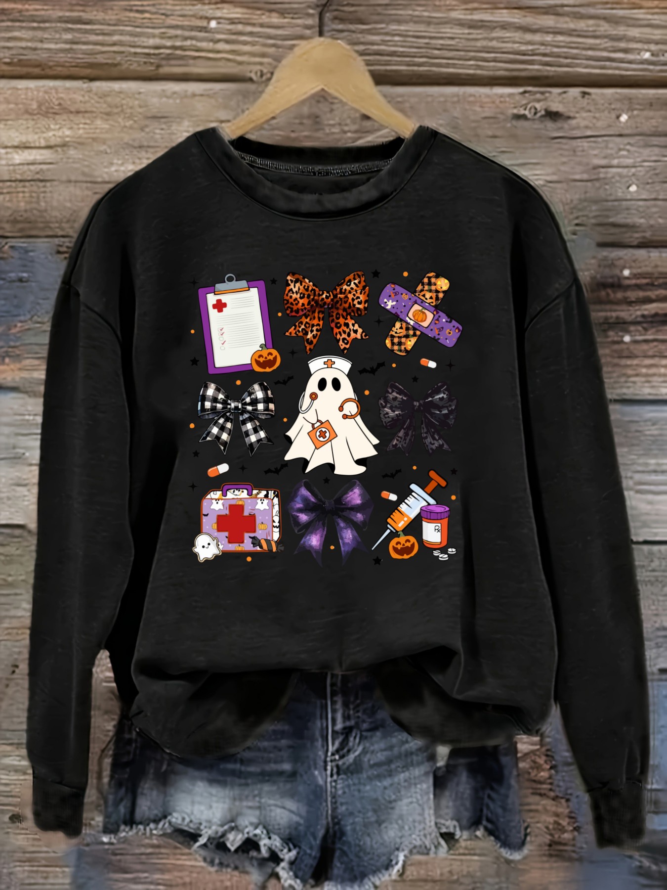 Costumes - Damen Casual Langarm-T-Shirt mit Rundhalsausschnitt, Halloween-Krankenschwester-Geister-Schleifen-Druckdesign,
