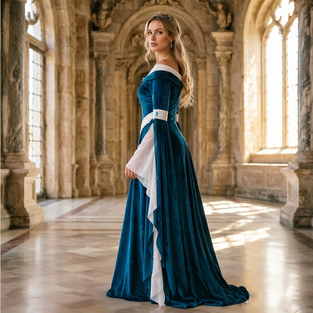 Medieval Renaissance Dress Women - Mittelalterliches Renaissance-Elfenkleid, schulterfrei, aus türkisfarbenem Samt