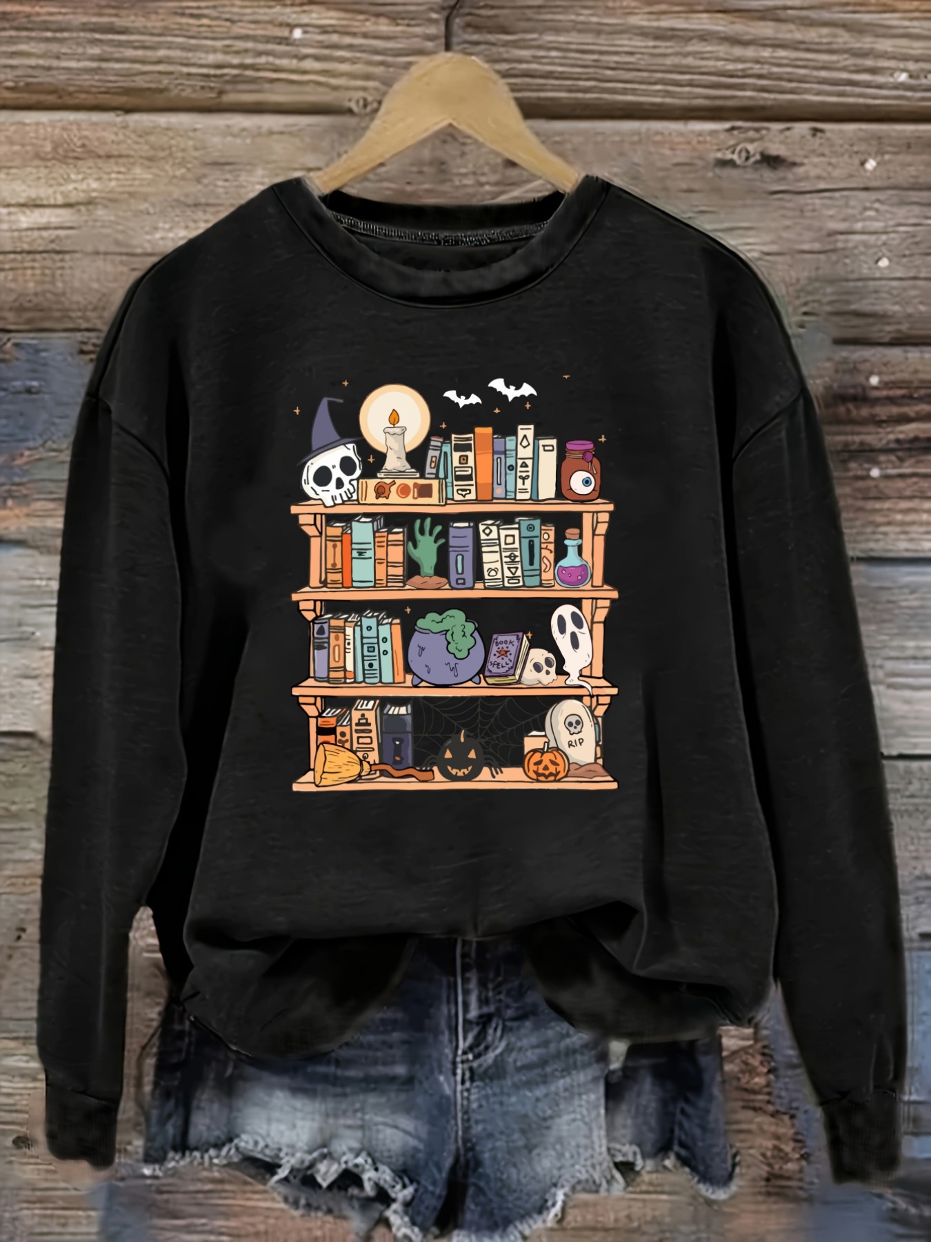 Costumes - Damen Casual Langarm-T-Shirt mit Rundhalsausschnitt, Halloween-Bücherregal
