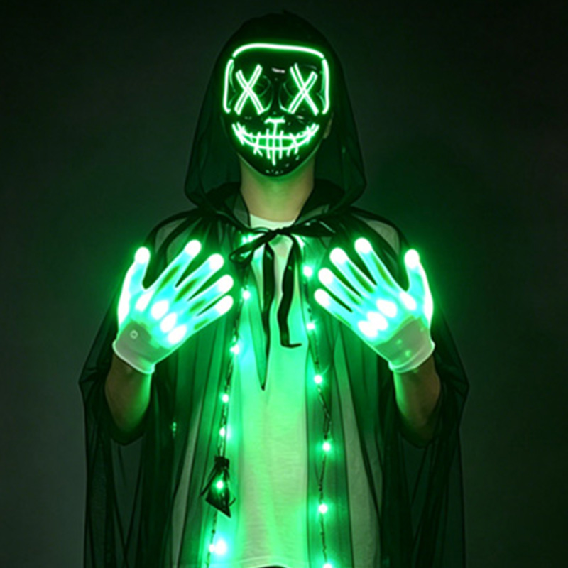 Led Purge Mask Halloween - LED-Totenkopfmaske, leuchtende Handschuhe, Set, Neon-Skelett-Gesichtsmaske, leuchtende