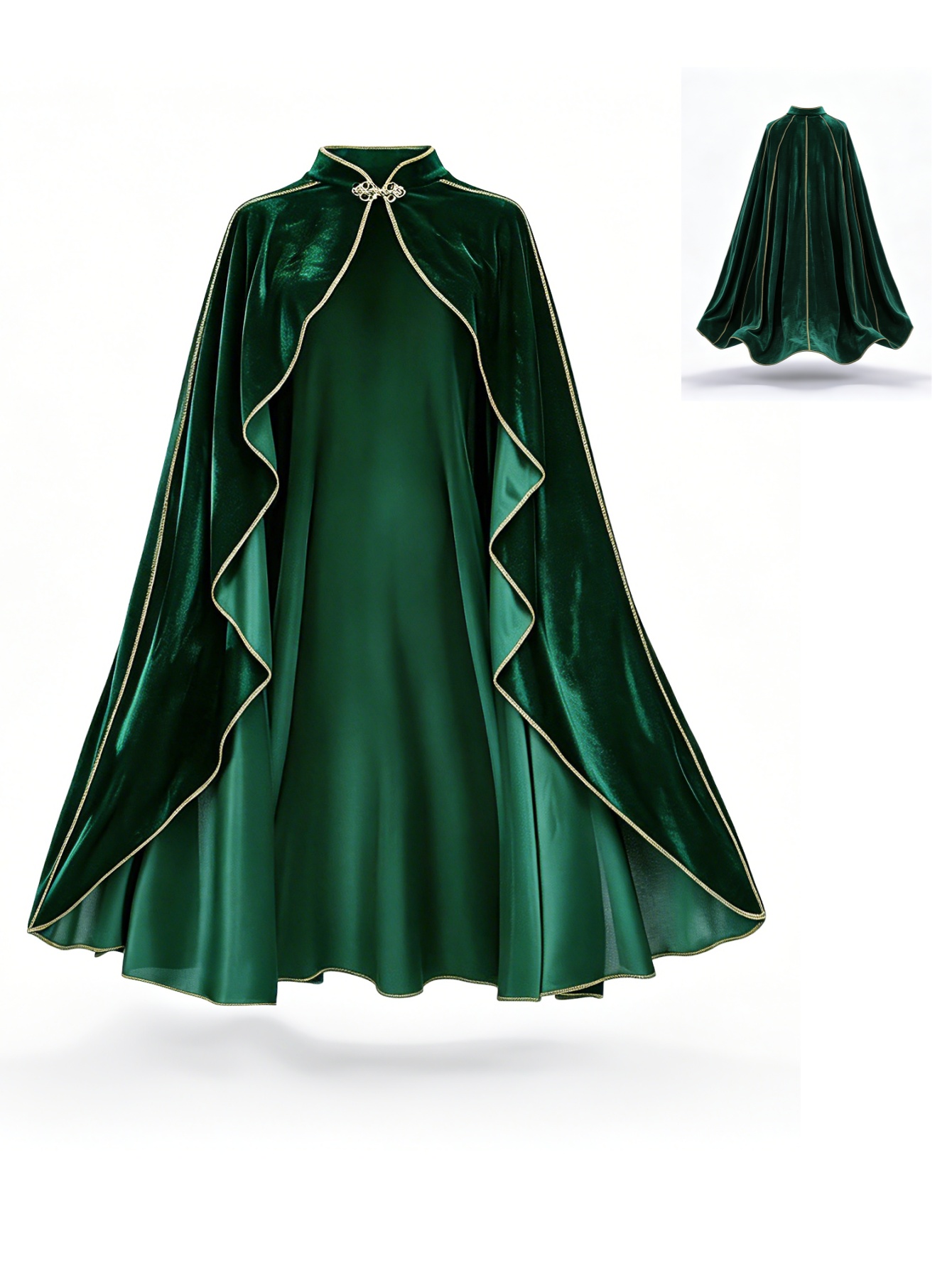 Medieval Renaissance Dress Women - Damen Vintage Grüner Samtumhang mit Goldbesatz,